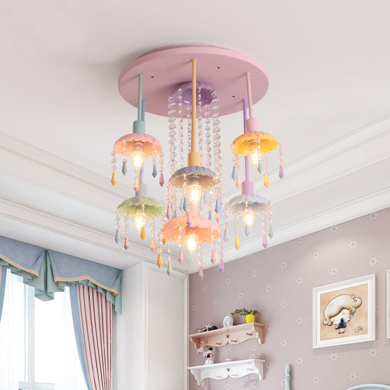 Macaron Beaded Crystal 7-Light Pink Semi Flush Mount Ceiling Light for Girls' Bedroom