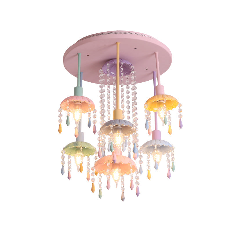 Macaron Beaded Crystal 7-Light Pink Semi Flush Mount Ceiling Light for Girls' Bedroom