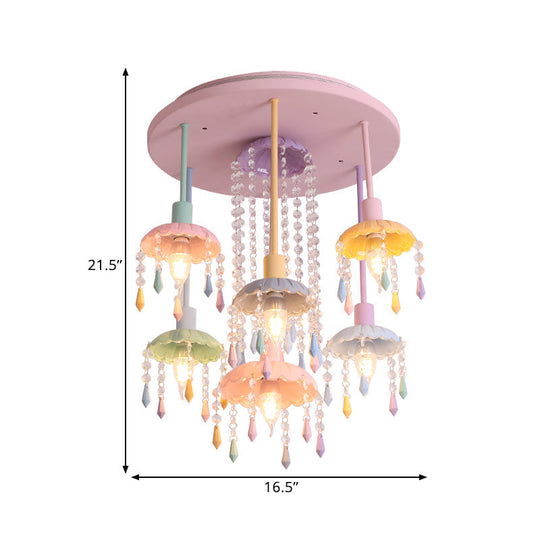 Macaron Beaded Crystal 7-Light Pink Semi Flush Mount Ceiling Light for Girls' Bedroom