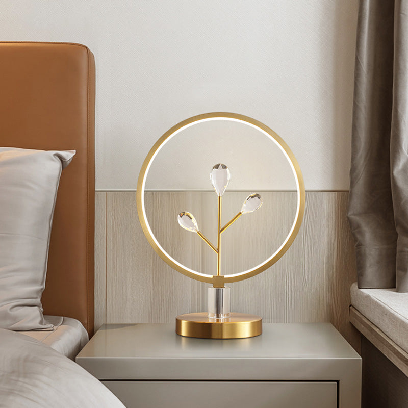 Modern Crystal Bedside Led Table Lamp With Brass Branchlet And Hoop