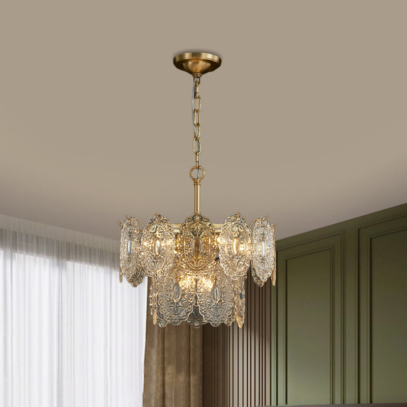 Embossed Crystal Pendant Chandelier Lamp With Gold Canopy Modern Bedchamber Lighting 5/7 Heads