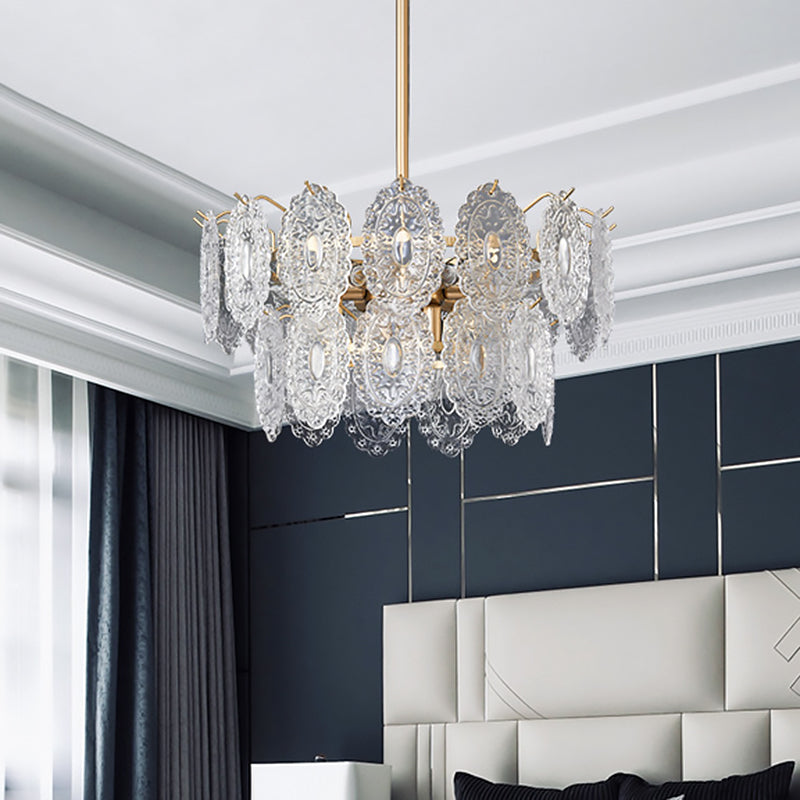 Embossed Crystal Pendant Chandelier Lamp With Gold Canopy Modern Bedchamber Lighting 5/7 Heads