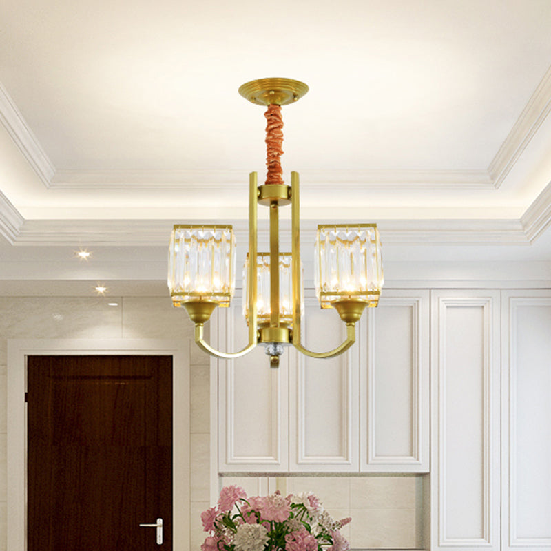 Clear Crystal Ceiling Pendant Chandelier With Gold Arm - Contemporary Design Cubic Shade 3/6 Bulbs