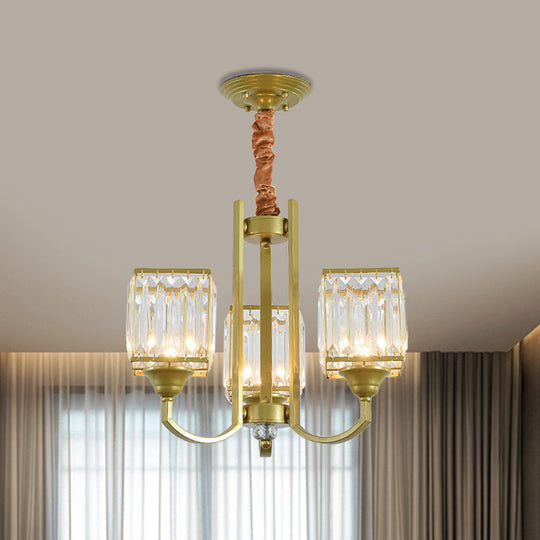 Clear Crystal Ceiling Pendant Chandelier With Gold Arm - Contemporary Design Cubic Shade 3/6 Bulbs