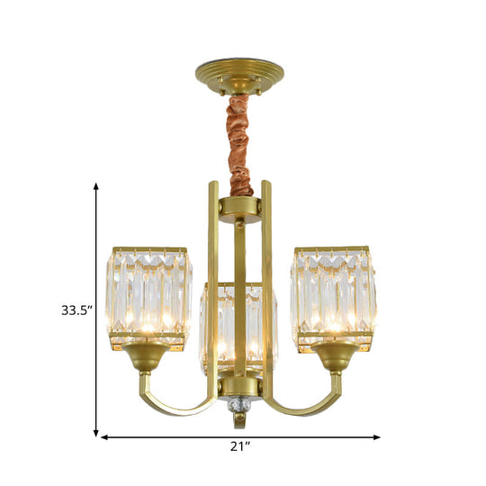 Clear Crystal Ceiling Pendant Chandelier With Gold Arm - Contemporary Design Cubic Shade 3/6 Bulbs