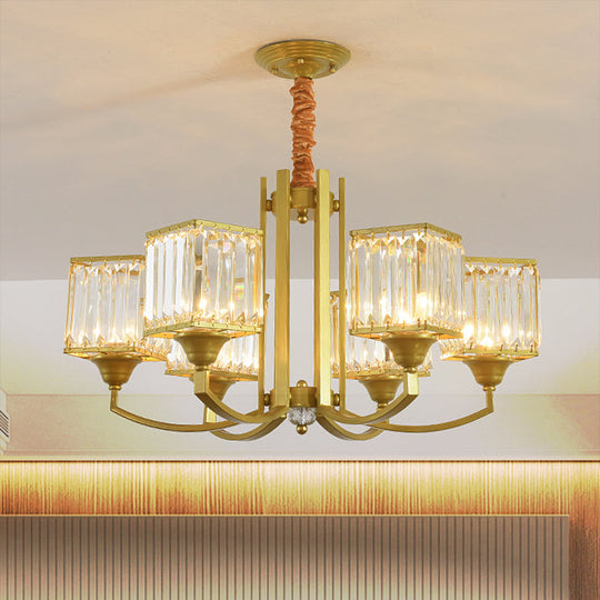 Clear Crystal Ceiling Pendant Chandelier With Gold Arm - Contemporary Design Cubic Shade 3/6 Bulbs