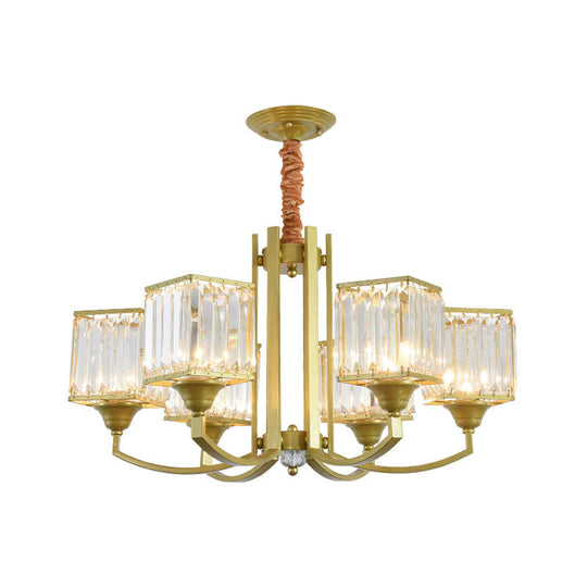 Clear Crystal Ceiling Pendant Chandelier With Gold Arm - Contemporary Design Cubic Shade 3/6 Bulbs