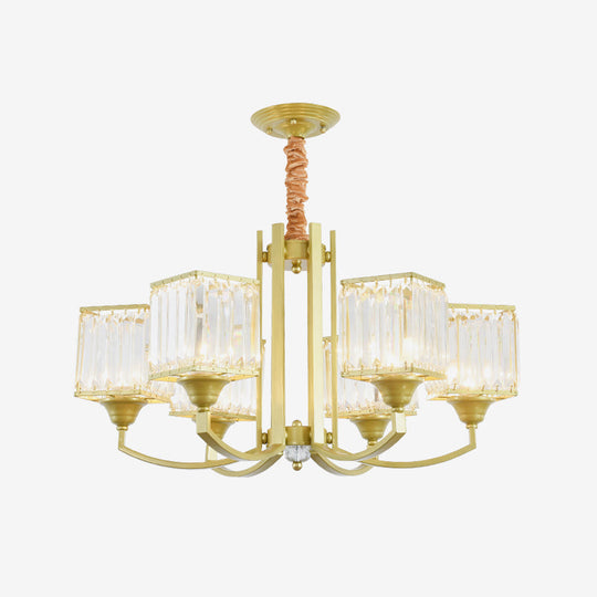 Clear Crystal Ceiling Pendant Chandelier With Gold Arm - Contemporary Design Cubic Shade 3/6 Bulbs