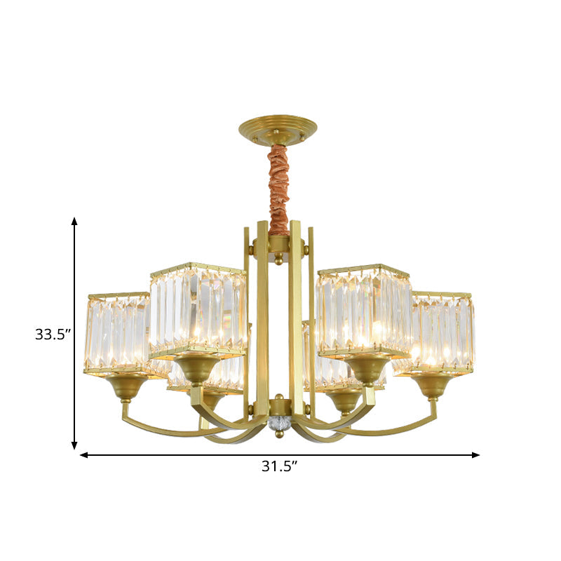 Clear Crystal Ceiling Pendant Chandelier With Gold Arm - Contemporary Design Cubic Shade 3/6 Bulbs