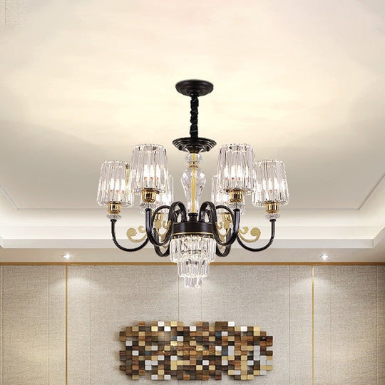 Modern Black 6-Head Chandelier with Clear Cylinder Shade - Sleek Metal Curvy Arms - Hanging Light Fixture