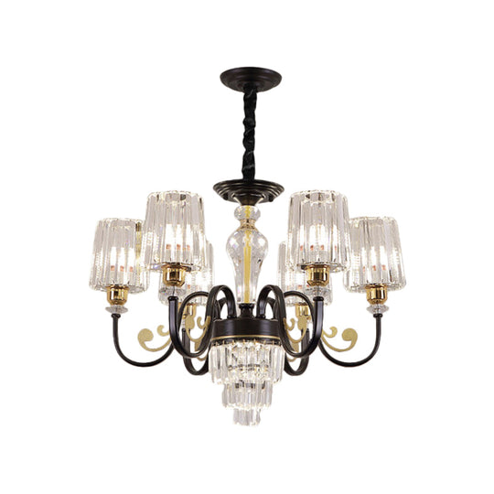 Modern Black 6-Head Chandelier with Clear Cylinder Shade - Sleek Metal Curvy Arms - Hanging Light Fixture