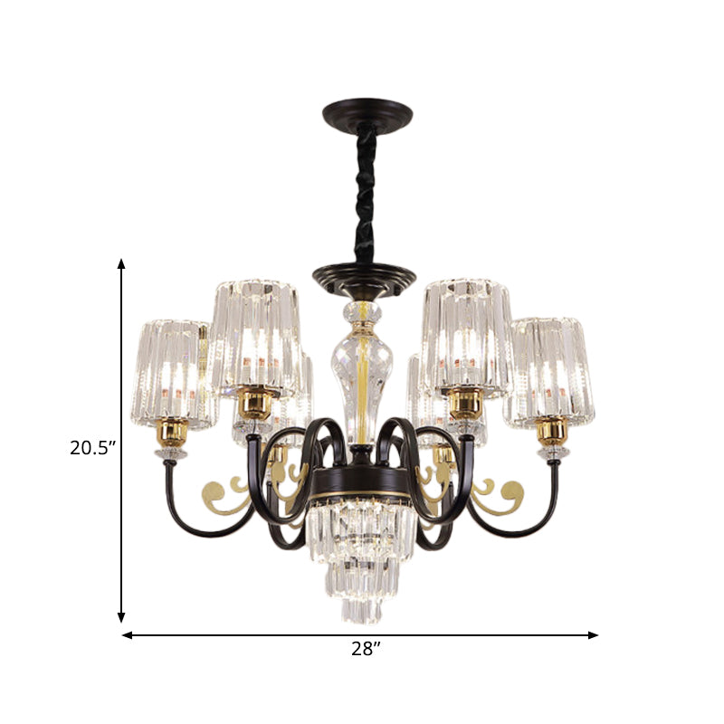 Modern Black 6-Head Chandelier with Clear Cylinder Shade - Sleek Metal Curvy Arms - Hanging Light Fixture