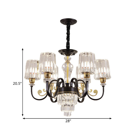 Modern Black Chandelier Light With 6 Metal Curvy Arms And Clear Cylinder Shades