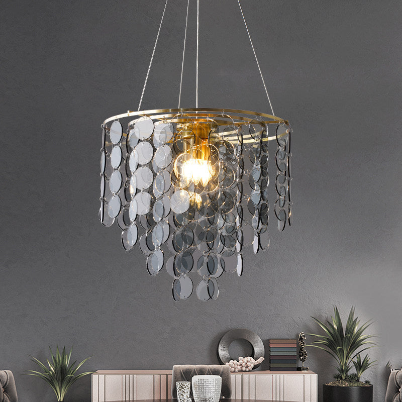 Modern Gold Taper Chandelier Lamp With Circular-Crystal Strands - 6 Heads Great Room Hanging Light