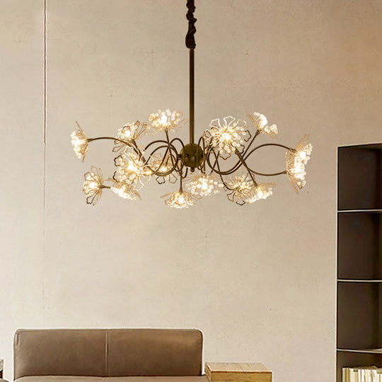 Contemporary Bronze Floral Chandelier With Crystal Beads & 16 Bulbs