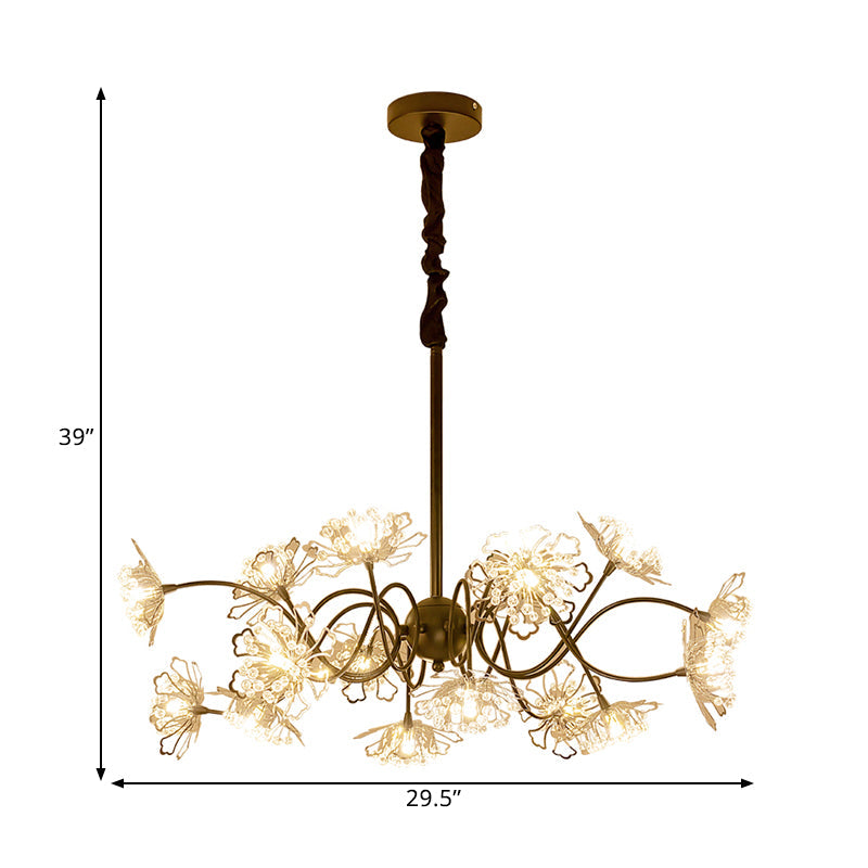 Lustre suspendu floral en bronze avec perles en cristal - Kit d'éclairage contemporain en métal à 16 ampoules