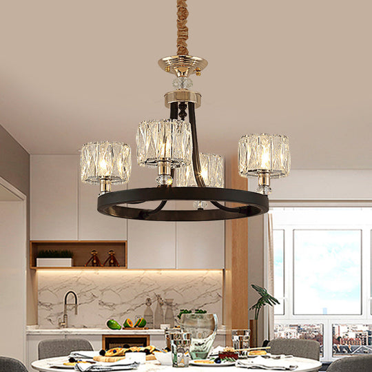 Modern Black Metal Pendant Chandelier with Crystal Drum Shade - 4 Head Ring Hanging Lamp Kit