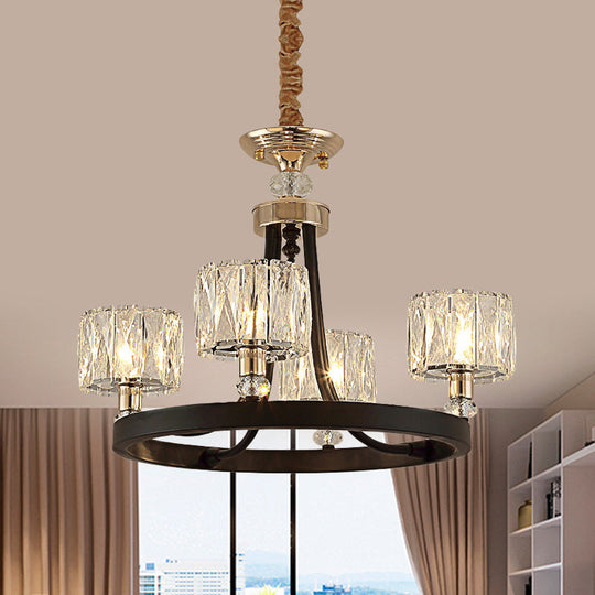 Modern Black Metal Pendant Chandelier with Crystal Drum Shade - 4 Head Ring Hanging Lamp Kit