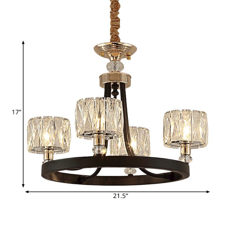 Modern Black Metal Pendant Chandelier with Crystal Drum Shade - 4 Head Ring Hanging Lamp Kit