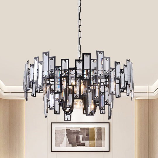 Contemporary Gold/Black Round Bedroom Suspension Light with 6 Crystal Block Bulbs