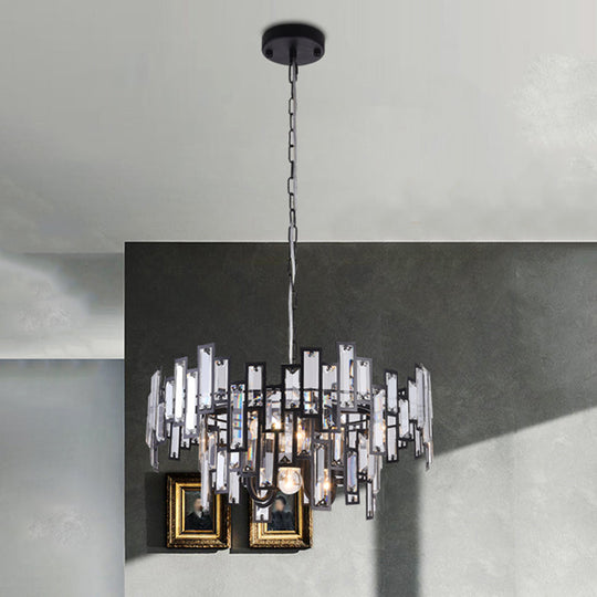 Contemporary Gold/Black Round Bedroom Suspension Light with 6 Crystal Block Bulbs