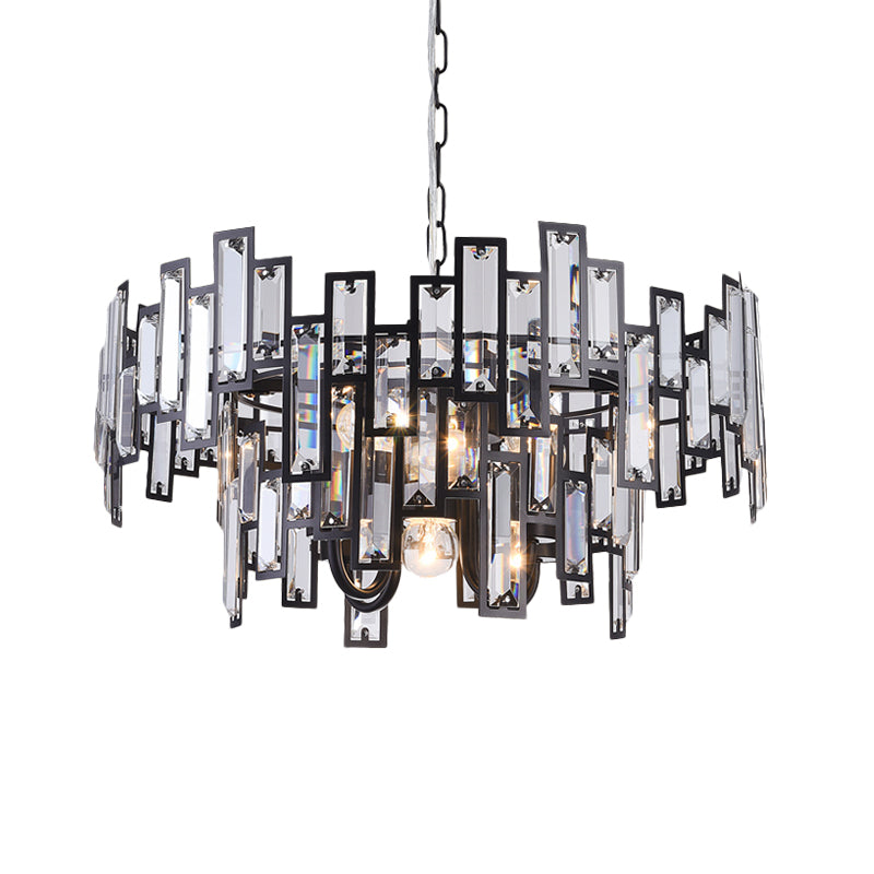 Contemporary Gold/Black Round Bedroom Suspension Light with 6 Crystal Block Bulbs