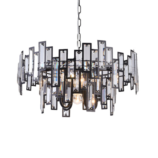 Contemporary Gold/Black Round Bedroom Suspension Light with 6 Crystal Block Bulbs