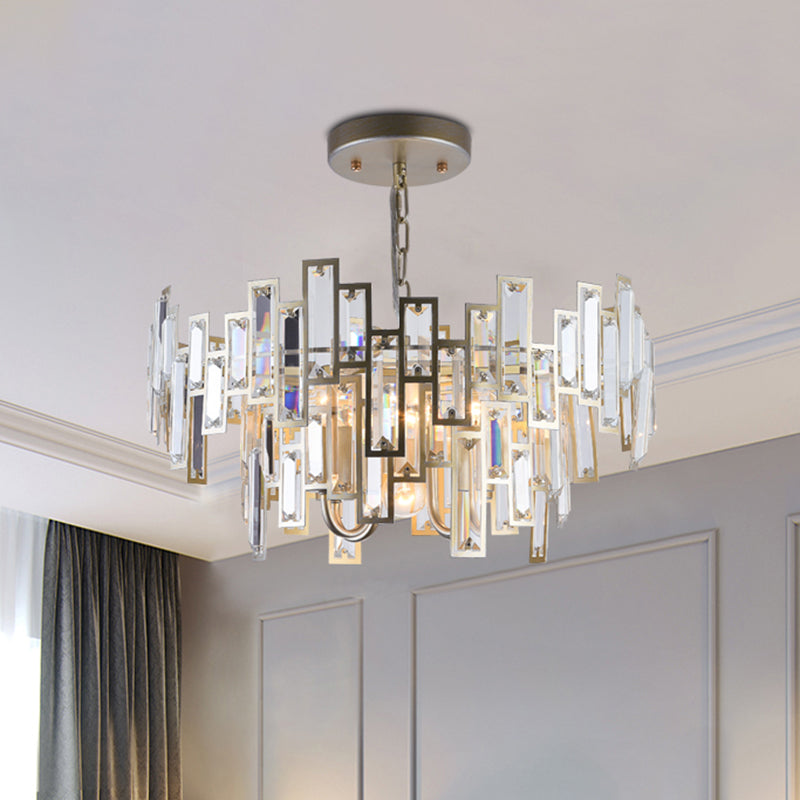 Contemporary Gold/Black Round Bedroom Suspension Light With Clear Crystal Block Embedded Chandelier