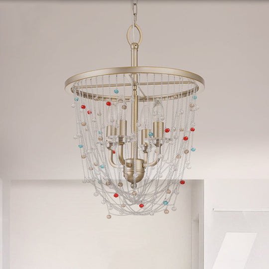 Modern Metal Living Room Chandelier with Crystal Bead Strand Decor, Gold Finish, 4-Light Candle Style Hanging Lighting, 15.5"/23.5" Width