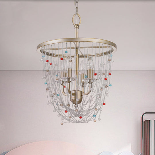 Modern Metal Living Room Chandelier with Crystal Bead Strand Decor, Gold Finish, 4-Light Candle Style Hanging Lighting, 15.5"/23.5" Width