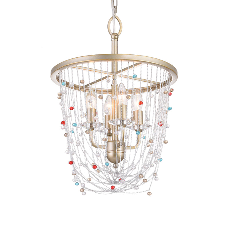 Modern Metal Living Room Chandelier with Crystal Bead Strand Decor, Gold Finish, 4-Light Candle Style Hanging Lighting, 15.5"/23.5" Width