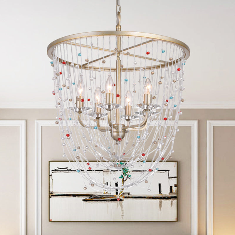 Modern Metal Living Room Chandelier - Candle Style With Crystal Bead Strand Decor Gold Finish 4