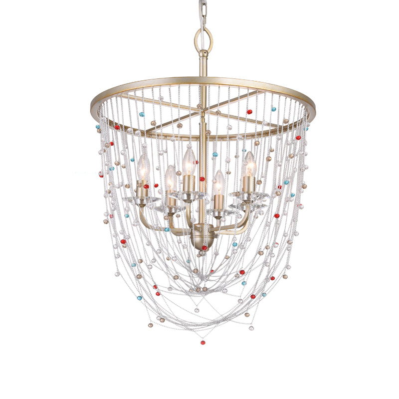 Modern Metal Living Room Chandelier with Crystal Bead Strand Decor, Gold Finish, 4-Light Candle Style Hanging Lighting, 15.5"/23.5" Width