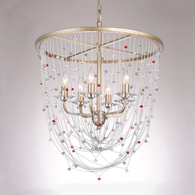 Modern Metal Living Room Chandelier - Candle Style With Crystal Bead Strand Decor Gold Finish 4