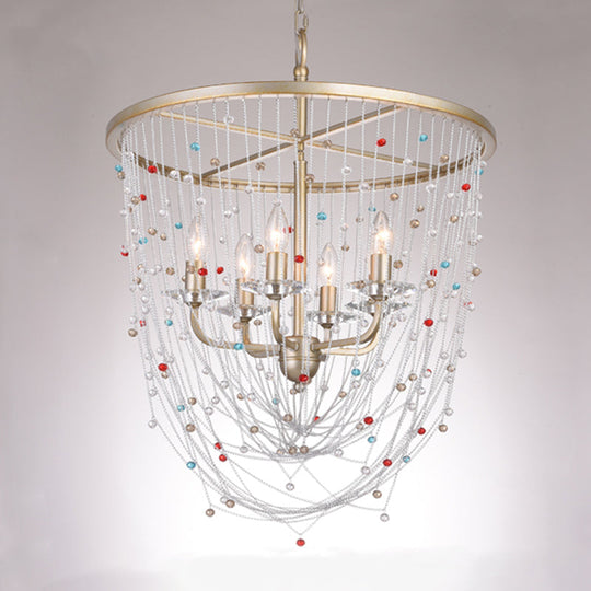 Modern Metal Living Room Chandelier - Candle Style With Crystal Bead Strand Decor Gold Finish 4