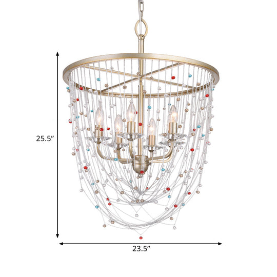 Modern Metal Living Room Chandelier with Crystal Bead Strand Decor, Gold Finish, 4-Light Candle Style Hanging Lighting, 15.5"/23.5" Width