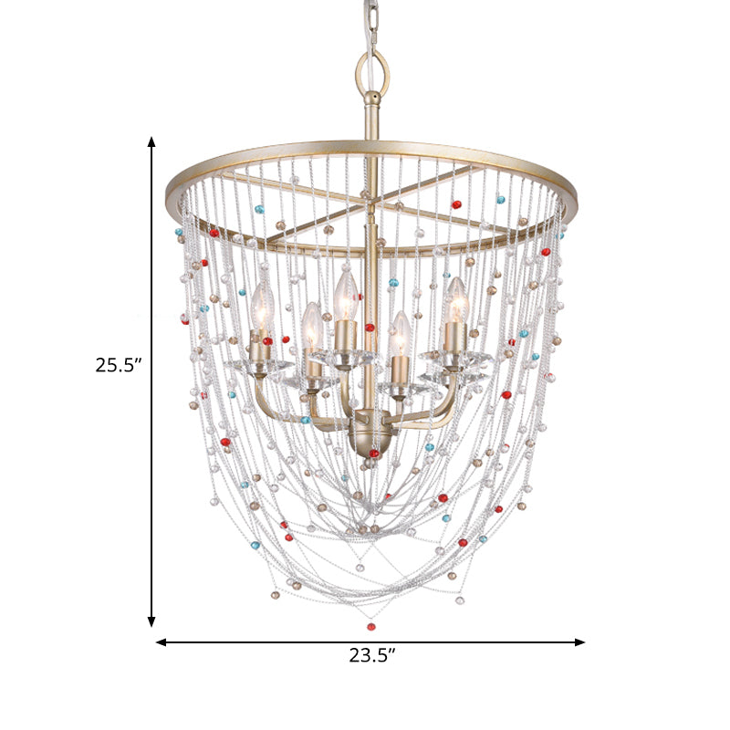 Modern Metal Living Room Chandelier - Candle Style With Crystal Bead Strand Decor Gold Finish 4