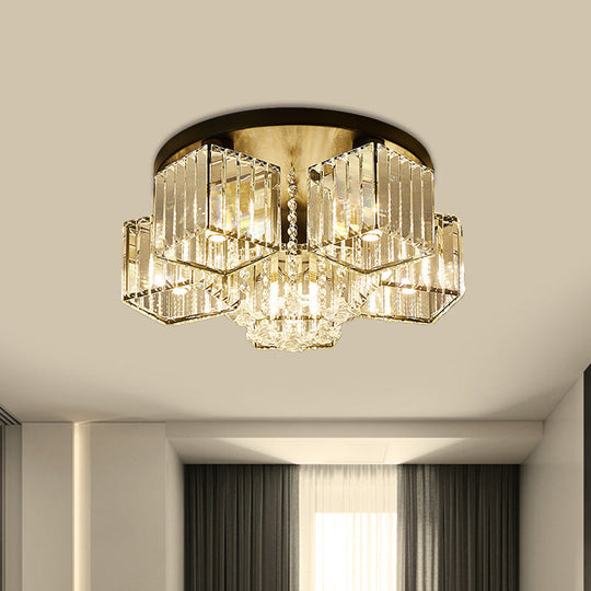 Contemporary Black Canopy Flush Mount Ceiling Light with Clear Crystal Cubic Shade and Flower Draping - 5/6 Bulbs