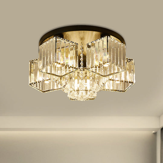 Contemporary Black Canopy Flush Mount Ceiling Light with Clear Crystal Cubic Shade and Flower Draping - 5/6 Bulbs