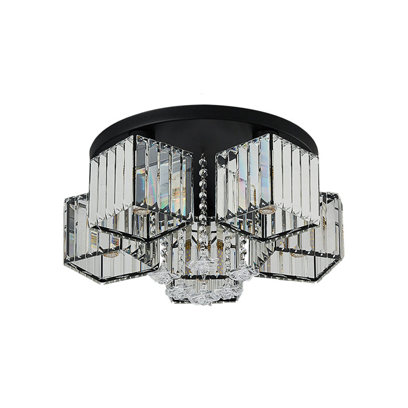 Contemporary Black Canopy Flush Mount Ceiling Light with Clear Crystal Cubic Shade and Flower Draping - 5/6 Bulbs