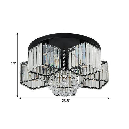 Contemporary Black Canopy Flush Mount Ceiling Light With Clear Crystal Cubic Shade And Flower