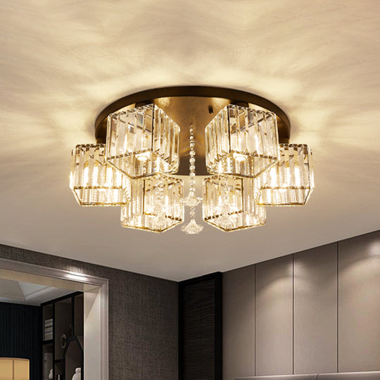 Contemporary Black Canopy Flush Mount Ceiling Light With Clear Crystal Cubic Shade And Flower