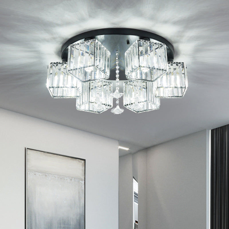 Contemporary Black Canopy Flush Mount Ceiling Light with Clear Crystal Cubic Shade and Flower Draping - 5/6 Bulbs