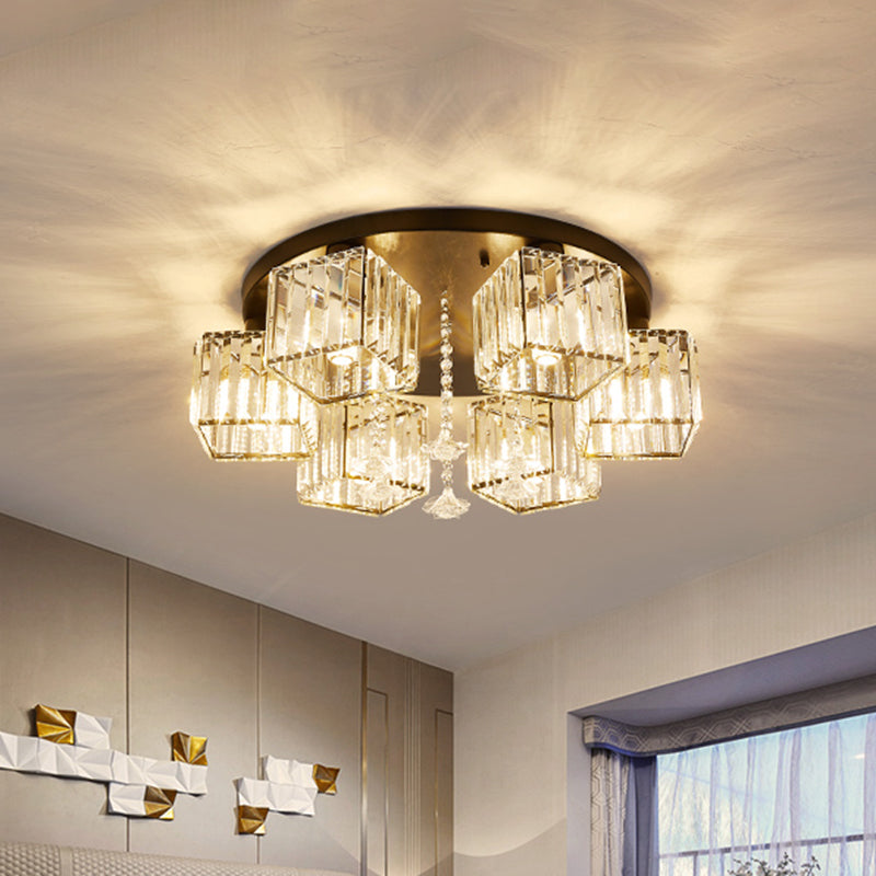 Contemporary Black Canopy Flush Mount Ceiling Light With Clear Crystal Cubic Shade And Flower