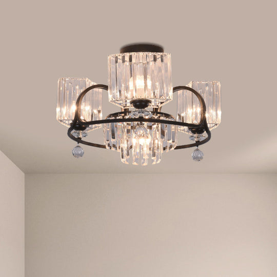 Modern Crystal Trapezoid Light Fixture- 4/8 Bulb Dining Room Semi Flush with Sleek Black Frame