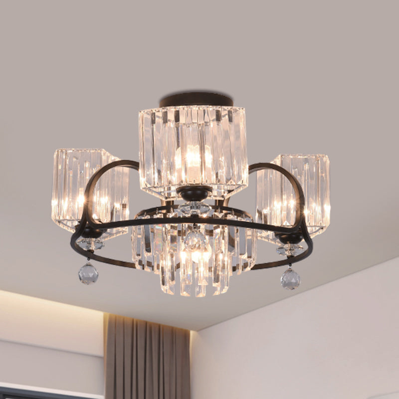 Modern Crystal Trapezoid Light Fixture- 4/8 Bulb Dining Room Semi Flush with Sleek Black Frame