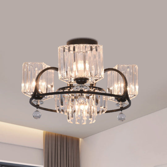 Modern Crystal Trapezoid Light Fixture- 4/8 Bulb Dining Room Semi Flush with Sleek Black Frame