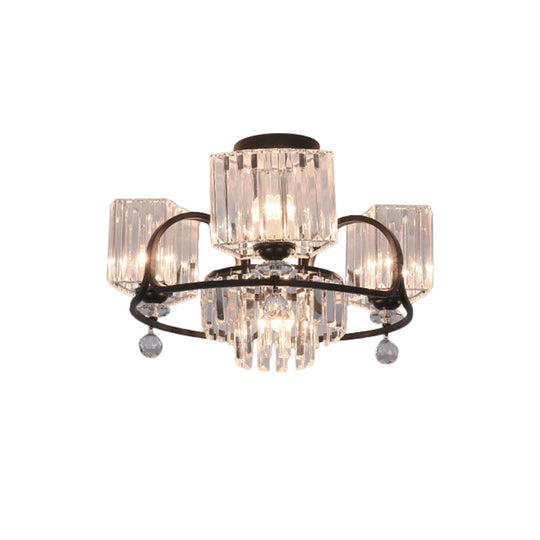 Modern Crystal Trapezoid Light Fixture- 4/8 Bulb Dining Room Semi Flush with Sleek Black Frame