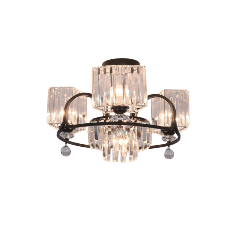 Modern Crystal Trapezoid Light Fixture- 4/8 Bulb Dining Room Semi Flush With Sleek Black Frame