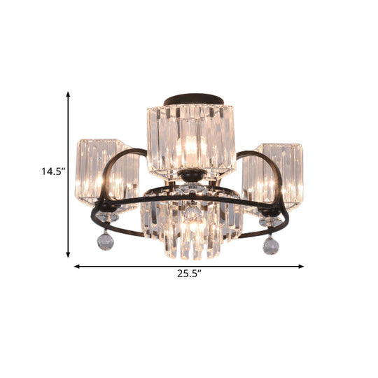 Modern Crystal Trapezoid Light Fixture- 4/8 Bulb Dining Room Semi Flush with Sleek Black Frame